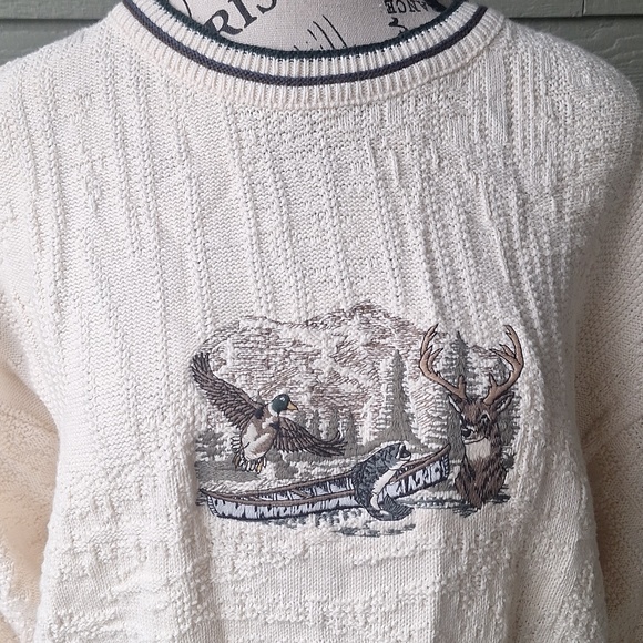 Fieldmaster Other - Vintage Fieldmaster Grandpa Embroidered Ringer Neck Sweater M Fishing Hunting